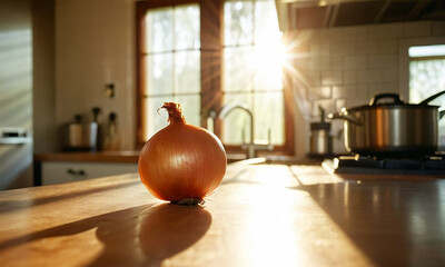 Still life with fresh onions in the sun in a cozy morning kitchen