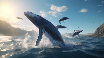 In this realistic 3D render, a pod of whales breaches the surface of the ocean, creating a spectacular display of nature's grandeur