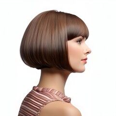 a famale model with Bob cut, side view isolated on white background