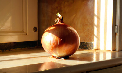 Still life with onions in a sunny morning kitchen. Cozy picture