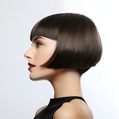 a famale model with Bob cut, side view isolated on white background