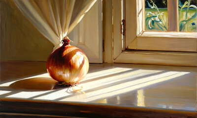 Still life with onions in a sunny morning kitchen. Cozy picture