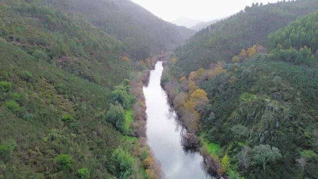 Drone footage of Paiva Walksway in Arouca municipality, Aveiro, Portugal. Drone flying over scenic Paiva river