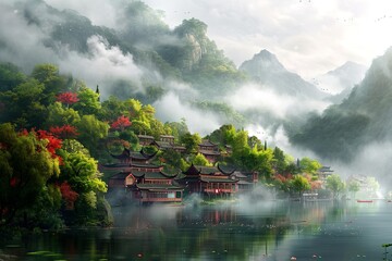 realistic illustration of a romantic village surrounded by mountains