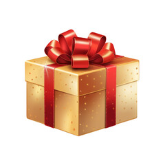 Shiny Gold Gift Box with Red Bow Isolated on Transparent or White Background PNG