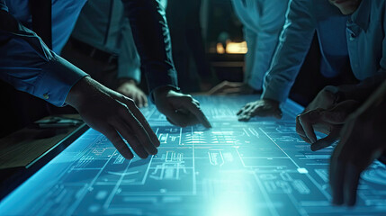Engineer, Scientists and Developers Gathered Around Illuminated Conference Table in Technology Research Center, Talking, Finding Solution and Analysing Industrial Engine Design. Close-up Hands Shot - obrazy, fototapety, plakaty