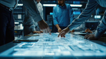 Engineer, Scientists and Developers Gathered Around Illuminated Conference Table in Technology Research Center, Talking, Finding Solution and Analysing Industrial Engine Design. Close-up Hands Shot - obrazy, fototapety, plakaty