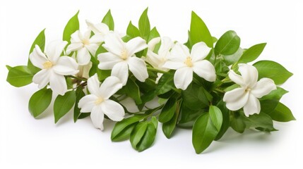 The lush tropical rainforest showcases wild Jasminum flowers and verdant leaves isolated on a white background, featuring a clipping path.