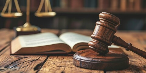 Law and justice concept. Gavel, books and scales of justice on wooden table.