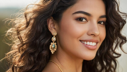 Radiant Young Hispanic Woman Smiling in Gold Earrings - Soft Light Portrait with Curly Hair and Captivating Black Eyes