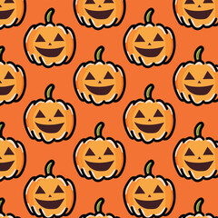 Halloween Pumpkin Pattern. Multicolored autumn harvest in yellow and orange colors. Ripe juicy pumpkins and falling leaves. Autumn background. Vector illustration.