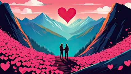 Fototapeta premium Lovers stand on the edge of the mountains, hold hands and look into the distance. There are pink hearts around. Valentine's Day
