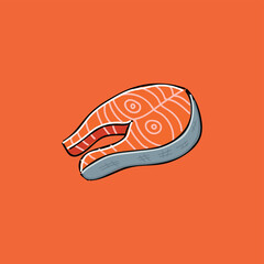 Salmon Illustration. fresh salmon piece cube steak with isolated on orange background vector illustration