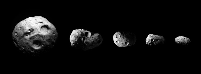 Large asteroids in a row on a black background. Comparison of space stones. Composite image of asteroids covered with craters.