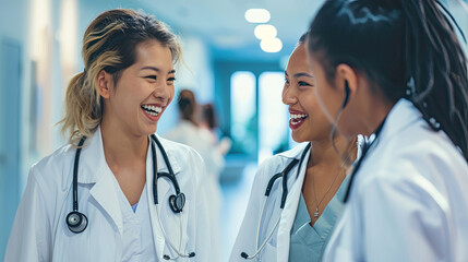 Happy Asian multiracial female physicians looking at each other in hospital