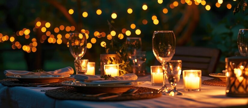 Outdoor dinner with candlelit glasses.