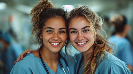 Happy multiracial female physicians looking at each other in hospital - obrazy, fototapety, plakaty