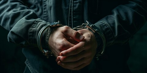 closeup of the hands of a man with handcuffs - obrazy, fototapety, plakaty
