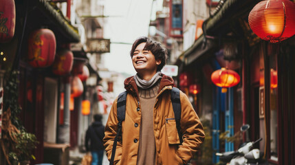 Happy young Asian man exploring the old city by walking