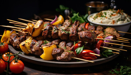 lamb on skewers with garnishes, shish kebab on skewers