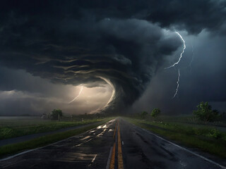 Super tornado at night road . generative ai