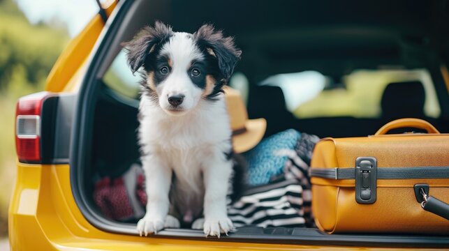 A photo of a cute border collie puppy sitting in the trunk of a car on a vacation trip