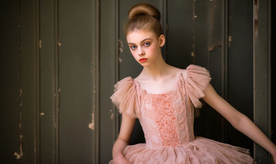 Fototapeta premium Vintage-Inspired Portrait of a Young Ballerina in a Lace Dress, Evoking a Romantic and Melancholic Mood