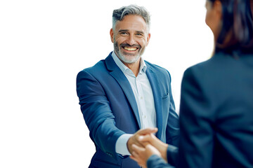 Isolated smiling middle aged business man handshaking partner on white