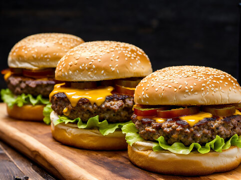 Three house-made cheeseburgers served on a wooden table
