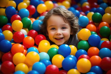 Happy child playing at balls pool playground. Kid playing with multi coloured plastic balls