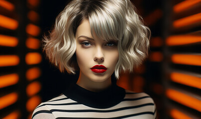 Retro Glamour: Bold Woman with Curled Platinum Bob, Striped Top, and Striking Red Lipstick