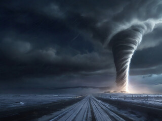 Super winter snow tornado at night road. generative ai