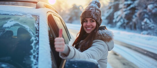 Smiling brunette giving thumbs up in car on icy road in sunny winter. - obrazy, fototapety, plakaty