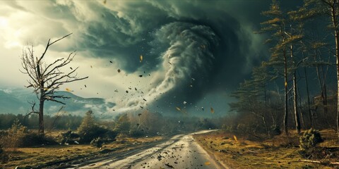 Powerful Tornado - destroying property with lightning in the background, Severe hurricane storm weather clouds. - obrazy, fototapety, plakaty