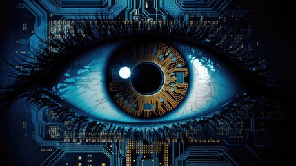 Futuristic digital eye. Cybersecurity concept. Close up of human eye with digital circuit concept. bionic eye and futuristic vision.