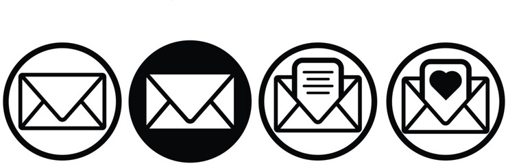 email icon set. post mail vector symbol. message envelope sign in black filled and outlined style, New email icon set in black filled and outlined style. suitable for UI designs