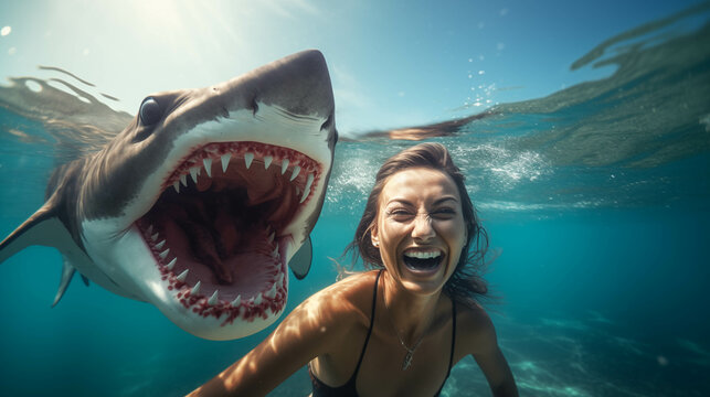 Caucasian woman playing with sharks in the sea.