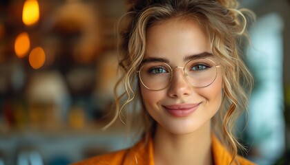 Naklejka premium Portrait of a young beautiful woman with glasses on a beige background, young business woman corporate lawyer 30s wearing classic formal orange suit glasses work in office look camera