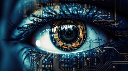 Futuristic digital eye. Cybersecurity concept. Close up of human eye with digital circuit concept. bionic eye and futuristic vision.