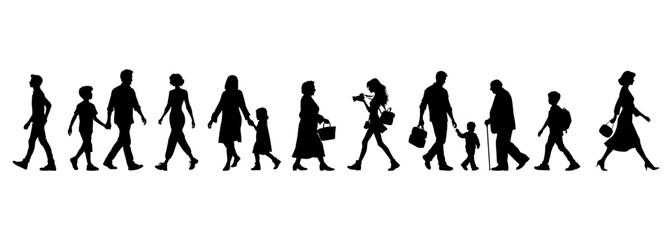 vector illustration. silhouettes of people walking along the street. Large set of characters of different ages.