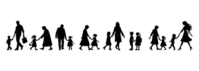 vector illustration. silhouettes of people walking along the street. Large set of characters of different ages.