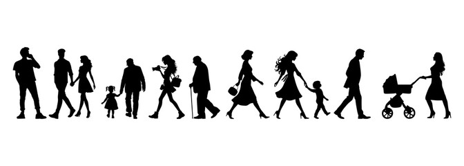 vector illustration. silhouettes of people walking along the street. Large set of characters of different ages.