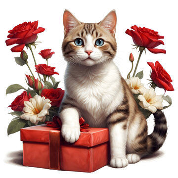 cat and gift box and flowers