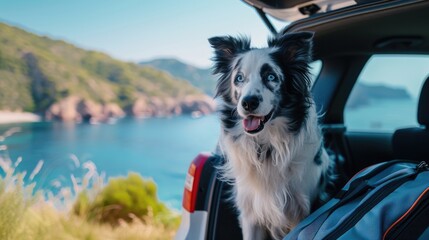 A photo of a cute blue-eyed border collie sitting in the trunk of a car on a trip. Vacation by the mountains and the sea with a dog