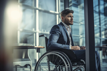 Caucasian male businessman sitting in a wheelchair in the office.