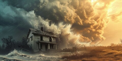 dangerous tsunami, earthquake sea waves illustration - obrazy, fototapety, plakaty