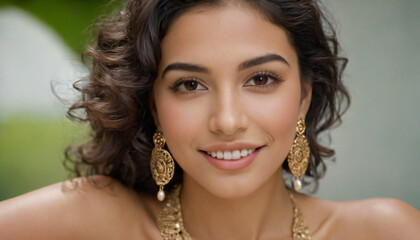 Radiant Young Hispanic Woman: Gold Earrings, Curly Hair, Captivating Smile