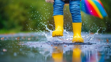 Vibrant Rainy Adventure.
Legs of a child with bright umbrella jumping in a puddle.