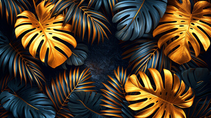 Luxury gold and blue tropical leaves background