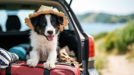 A photo of a cute border collie puppy in a hat sitting in the trunk of a car during a vacation